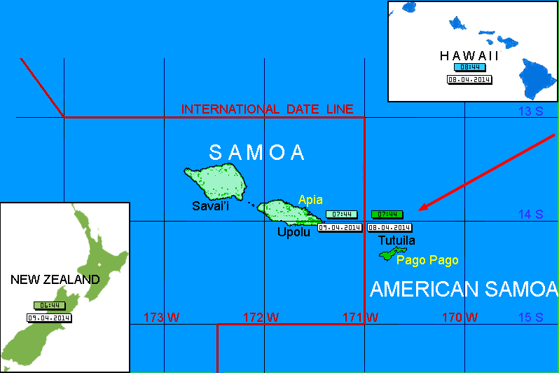 What's The Difference Between Samoa & American Samoa? | Samoa and American Samoa time zones map with current local time 24 hour format Samoa and American Samoa time zones map