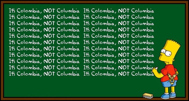 7 Things To Know Before Living in Medellin, Colombia | colOmbia spelling Bart Simpson writes countlessly on a green chalk board "it's Colombia not Columbia"