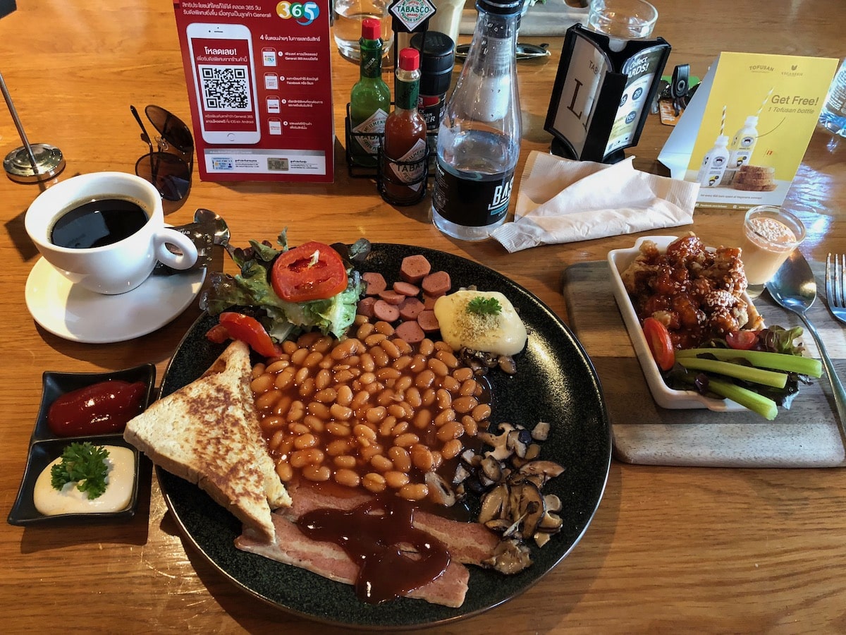 Cost of Living in Bangkok (& The Lies That Bloggers Tell) | vegan breakfast Vegan full English breakfast with a coffee and cauliflower wings