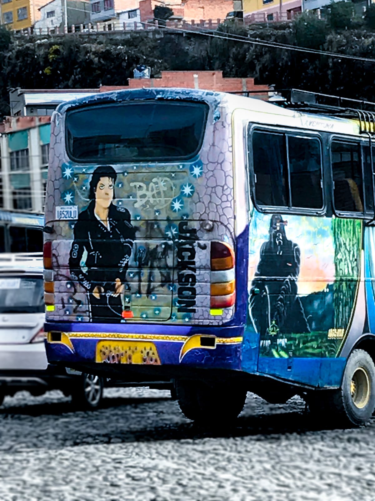 Cycling Down Bolivia's Death Road (How Not To Die!) | la paz bus A bus with a painting of Darth Vader and Michael Jackson in La Paz, Bolivia.