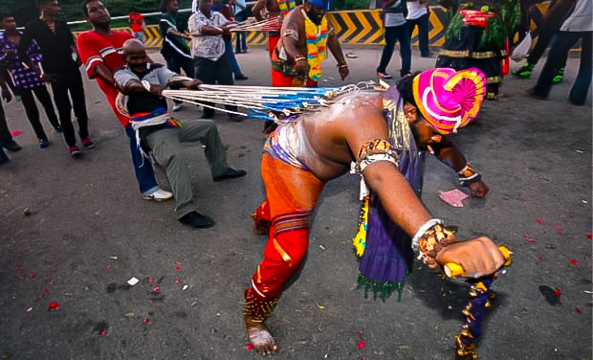 Thaipusam Festival at Batu Caves in Kuala Lumpur 2025 | Hindu Man Carries Kavadi Thaipusam KL Two men hold back a man on a metal leash that is attached to his body at the Hindu Thaipusam Festival in Batu Caves, Kuala Lumpur