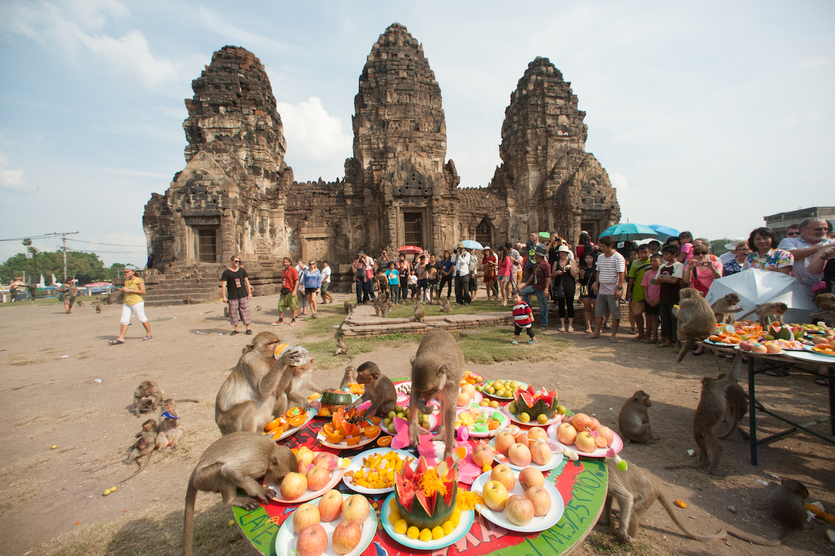 17 Best Thailand Festivals (That You May Never Heard Of) | Lopburi Monkey Festival Monkeys feast on fruits outside Khmer ruins at a Thailand Festival outside of Bangkok.