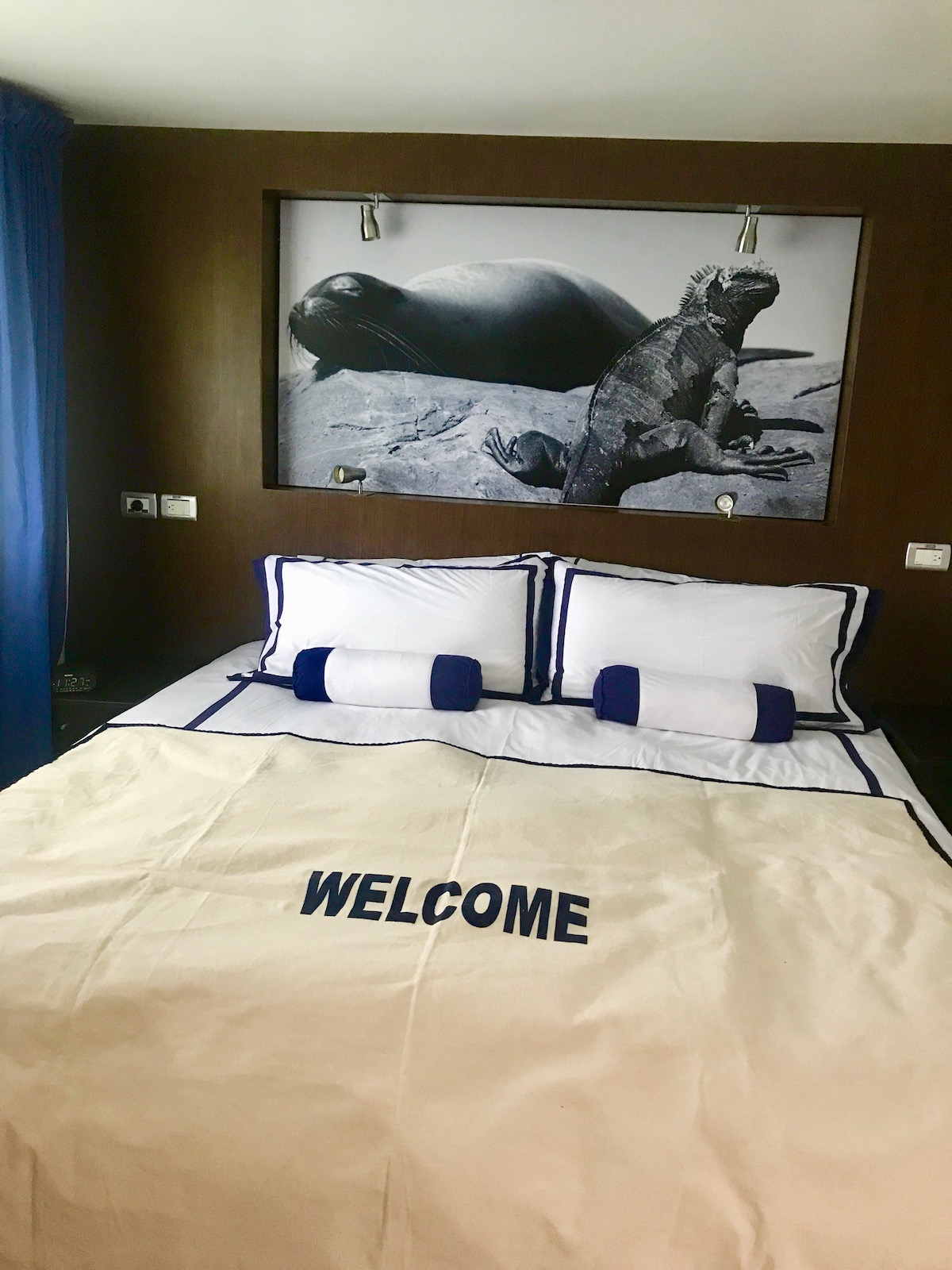 5 Days in The Galapagos Islands Itinerary (On a Cruise) | Luxury Galapagos Cruise bed A white bed with a photo of a lizard and a sea lion in black and white