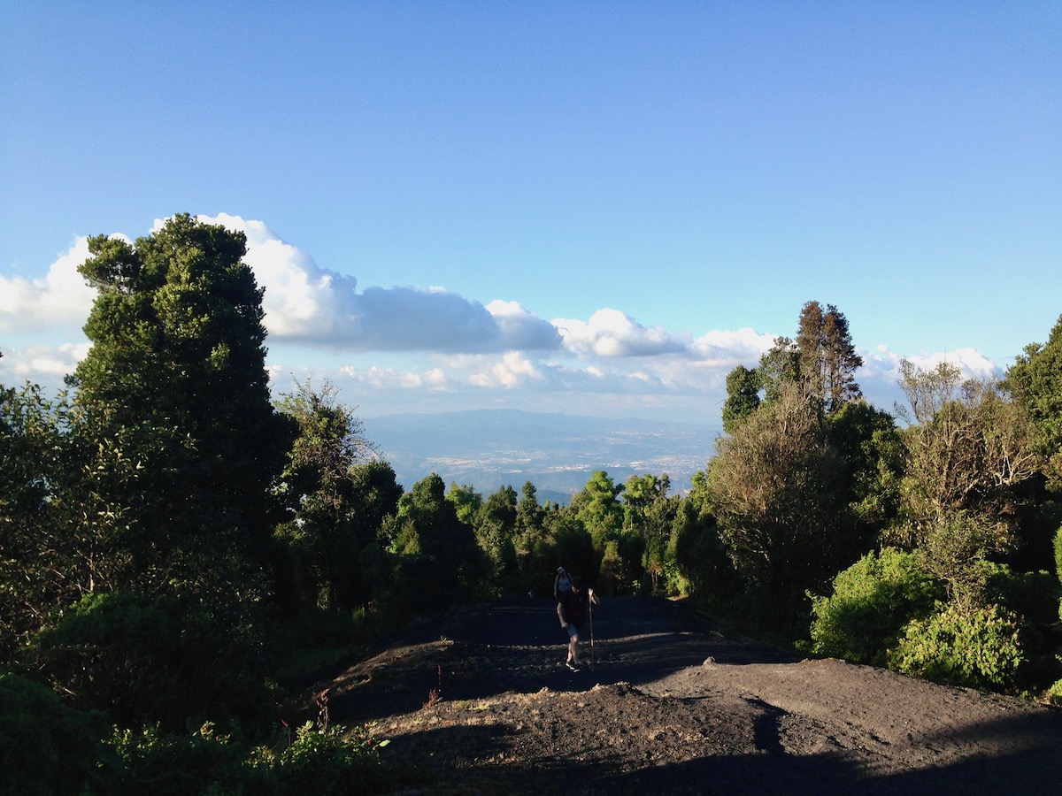 Pacaya Volcano Sunset Hike: An Honest Guide For 2024 | best time hiking pacaya volcano A hiker stands on a black surface, surrounded by green trees on a clear blue sky day on Pacaya Volcano, Guatemala.