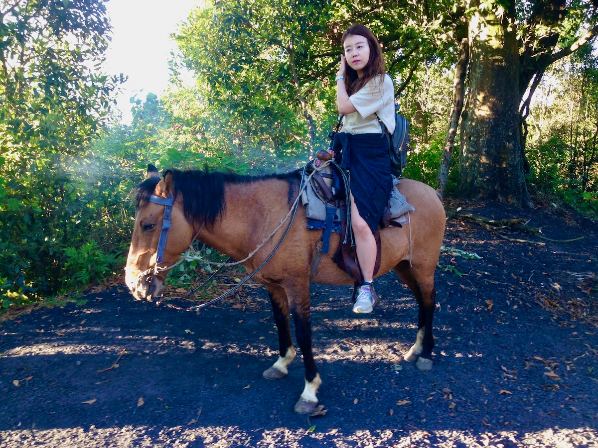 Pacaya Volcano Sunset Hike: An Honest Guide For 2024 | image 2 An Asian lady sits on top of a small horse.