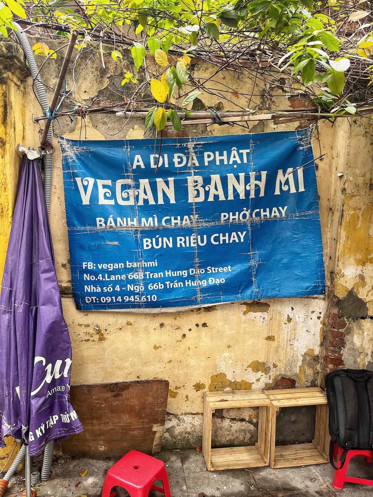 One Day in Hanoi Itinerary: No Transport Needed (Walking Only!) | vegan banh mi Vegan banh mi sign in Hanoi with Vietnamese writing